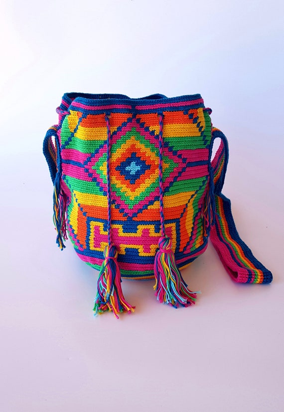 Wayuu Style Bag Large Rainbow Crochet Bucket Bag 