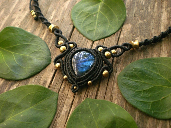 Labradorite stone necklace black macrame pendant