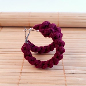 macrame hoops, burgundy earrings, bohemian style, cotton fiber eco friendly jewelry, bohemian style handmade gifts for her, stainless steel image 3