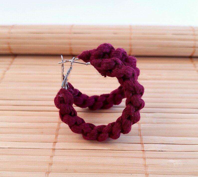 macrame hoops, burgundy earrings, bohemian style, cotton fiber eco friendly jewelry, bohemian style handmade gifts for her, stainless steel image 3