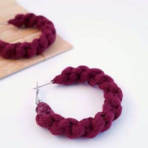 macrame hoops, burgundy earrings, bohemian style, cotton fiber eco friendly jewelry, bohemian style handmade gifts for her, stainless steel image 1