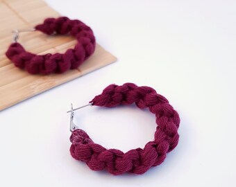 macrame hoops, burgundy earrings, bohemian style,  cotton fiber eco friendly jewelry, bohemian style handmade gifts for her, stainless steel