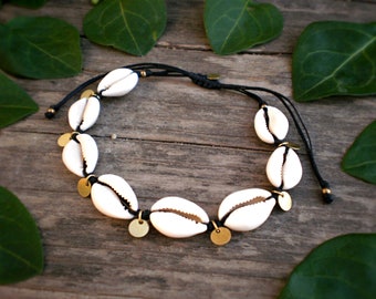 Tobillera de concha de cauri: dijes de monedas de oro, pulsera bohemia de cordón negro