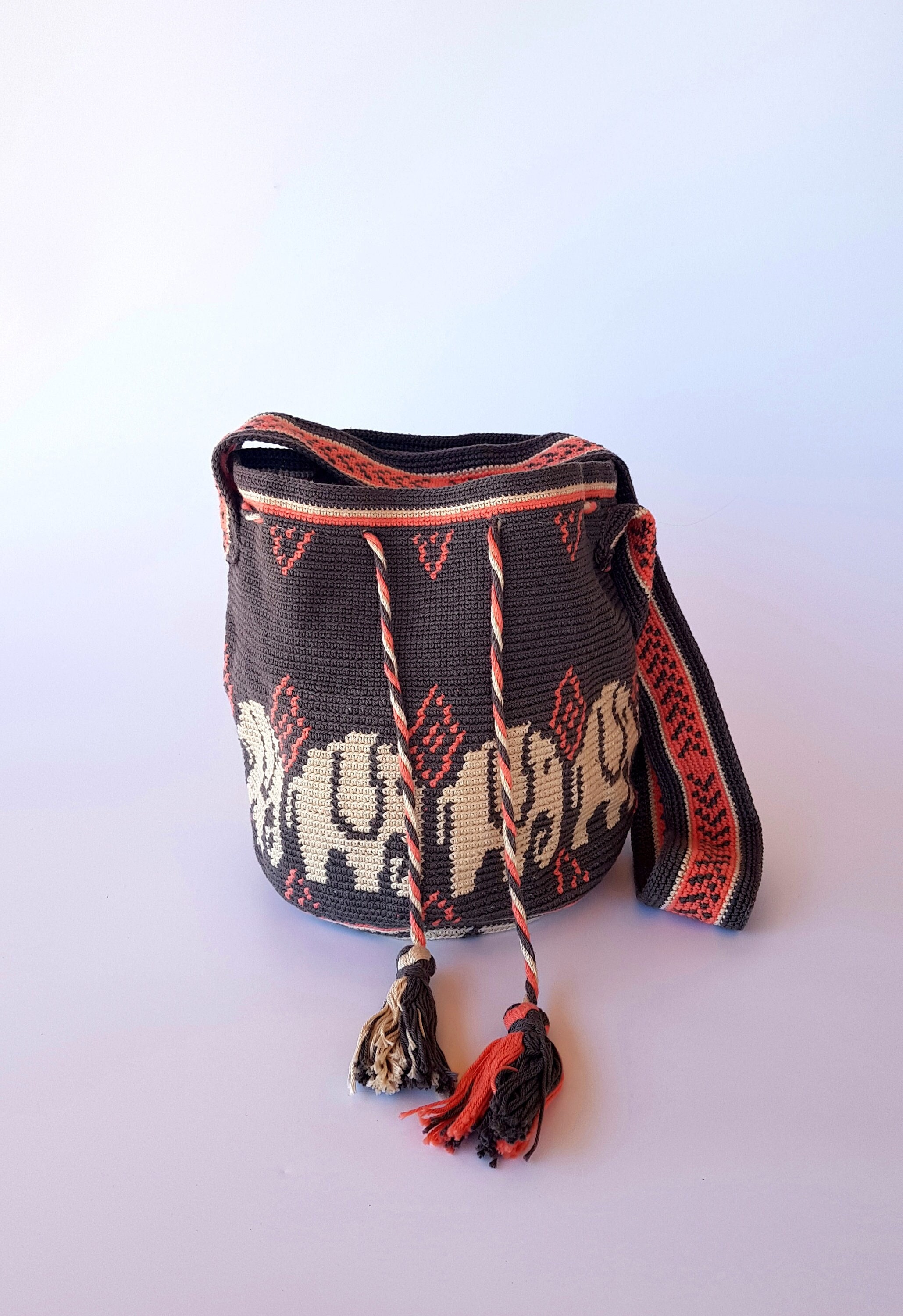 ethnic crochet cotton shoulder bag with elephants