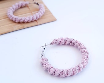 pink macrame cotton hoop earrings