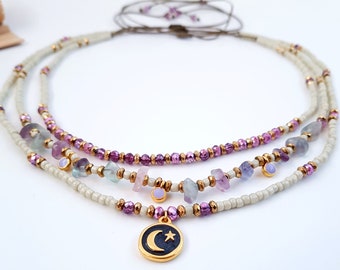 boho necklace set boho layered with moon medallion and crystal choker