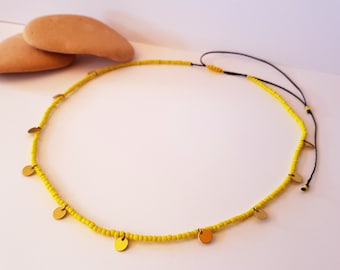 yellow beaded layering necklace, layered choker with coin charms, boho style gifts, summer beach jewelry, seed bead colorful jewellery