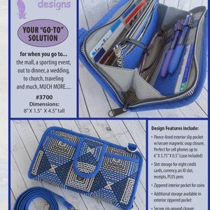 May include: Blue and white patterned wallet with a detachable shoulder strap. The wallet has a zippered closure and multiple compartments for cards, currency, and other essentials. Dimensions are 20.3cm x 3.8cm x 11.4cm tall. The text on the image says "The Walkabout Wallet".