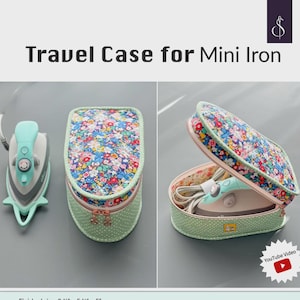 Puede incluir: Una funda de viaje verde menta para una mini plancha, con una parte superior con estampado floral y una plancha a juego. La funda se muestra cerrada y abierta, revelando la plancha en el interior. Se muestra el texto "Travel Case for Mini Iron".
