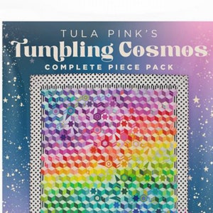 May include: Tula Pink's Tumbling Cosmos complete piece pack quilt pattern. The quilt features a rainbow of colors and a geometric design. The finished quilt size is 70 inches by 80 inches.