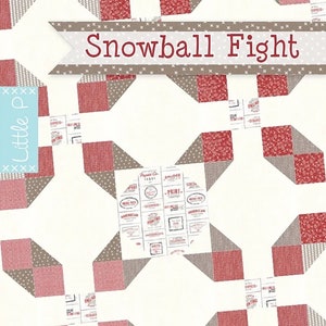 May include: Snowball Fight quilt pattern featuring a red, white and brown geometric design. The pattern is designed by Sarah Price and is available on the website ItsSewEmma.com.