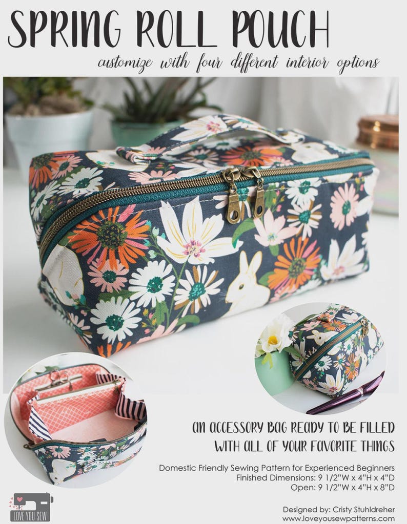 Peut inclure: Une trousse rectangulaire en tissu avec un imprim&eacute; floral et lapin sur fond bleu fonc&eacute;, dot&eacute;e d'une fermeture &eacute;clair bleu sarcelle &agrave; deux tirettes m&eacute;talliques et d'une poign&eacute;e. Le texte indique SPRING ROLL POUCH, customize with four different interior options, et an accessory bag ready to be filled with all of your favorite things. Dimensions finies : 24,13 cm L x 10,16 cm H x 10,16 cm P.