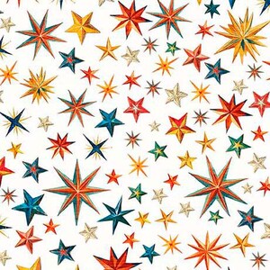 May include: A white background is covered with a pattern of colorful stars. The stars vary in size and color, including red, orange, yellow, green, blue, and silver. The stars have a vintage, hand-drawn aesthetic.