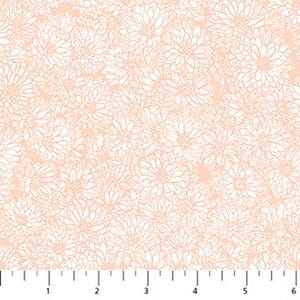 May include: Peach-coloured fabric with a white floral pattern. The design features detailed outlines of clustered flowers. The fabric is shown with a ruler along the bottom edge, with markings in inches.