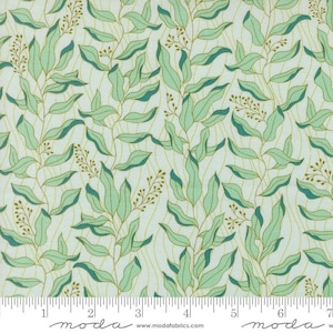 May include: Green and teal leafy pattern on a white background. The fabric features a repeating pattern of stylized leaves and branches. The fabric is perfect for quilting, sewing, and crafting.