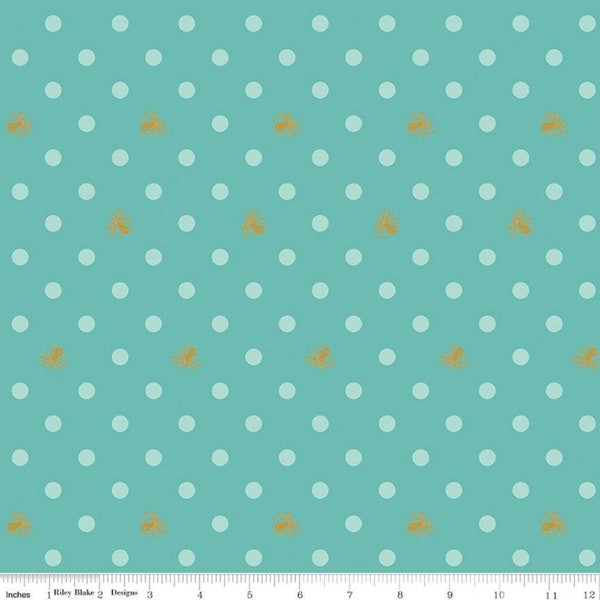 Ahoy! Mermaids- Octo Dots Seafoam Sparkle: Sold By The 1/2 Yard- Cut Continuously