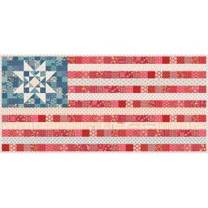 May include: A patchwork quilt depicting the American flag. The blue field features a white star design, while the stripes alternate between red and white patterns. The quilt is made of various fabric patterns.