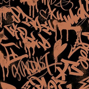 May include: A seamless pattern featuring graffiti-style lettering and spray paint effects in shades of brown against a black background. The design includes words, hearts, and drips, creating a dynamic and urban aesthetic.