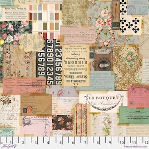 May include: A collage of vintage ephemera, featuring floral patterns, handwritten notes, and aged paper textures. The design incorporates elements like playing cards, ticket stubs, and botanical illustrations, creating a layered, antique aesthetic. The color palette includes muted tones of beige, pink, and blue.