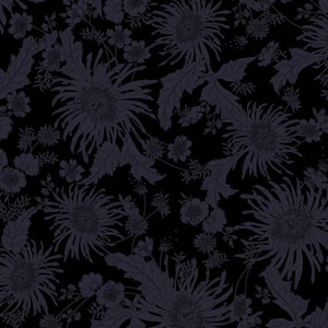 Bloom-zwarte bloemen 108&quot; brede rug: verkocht per 1/2 meter.