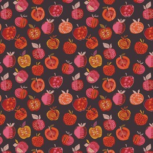 May include: A dark charcoal fabric featuring a repeating pattern of stylized apples in shades of red, orange, pink, and yellow. Each apple displays unique textures, including stripes, dots, and swirls, with small green leaves on their stems.