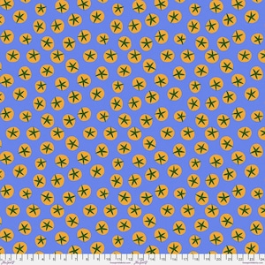 May include: A blue fabric with a repeating pattern of orange circles, each containing a green star-like design. The pattern is evenly spaced across the fabric, creating a visually appealing and consistent design.