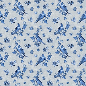 May include: A seamless pattern featuring blue birds perched on branches with blue flowers and leaves on a light gray background.