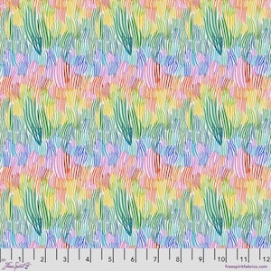 May include: A fabric swatch featuring a repeating pattern of vertical, hand-drawn style lines in shades of green, blue, orange, yellow, and pink. A white ruler with black markings from 0 to 12 inches is visible along the bottom edge.