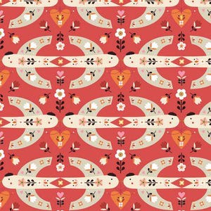 Pode incluir: Padrão repetitivo com motivos florais e de coração estilizados em disposição simétrica. O design incorpora elementos brancos, bege e pretos sobre fundo vermelho. O padrão inclui formas florais e de coração.