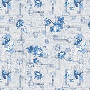 May include: A seamless fabric pattern featuring blue floral designs and antique keys on a light blue background with a script-like pattern.