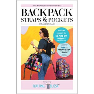 以下が含まれることがあります： 女性と3つのバックパックが写った商品画像。「BACKPACK STRAPS & POCKETS - EXPANSION PACK」と書かれたテキスト。バックパックは、花柄や幾何学模様など、カラフルなデザイン。ビデオクーポンや関連パターンに関するテキストも含まれています。