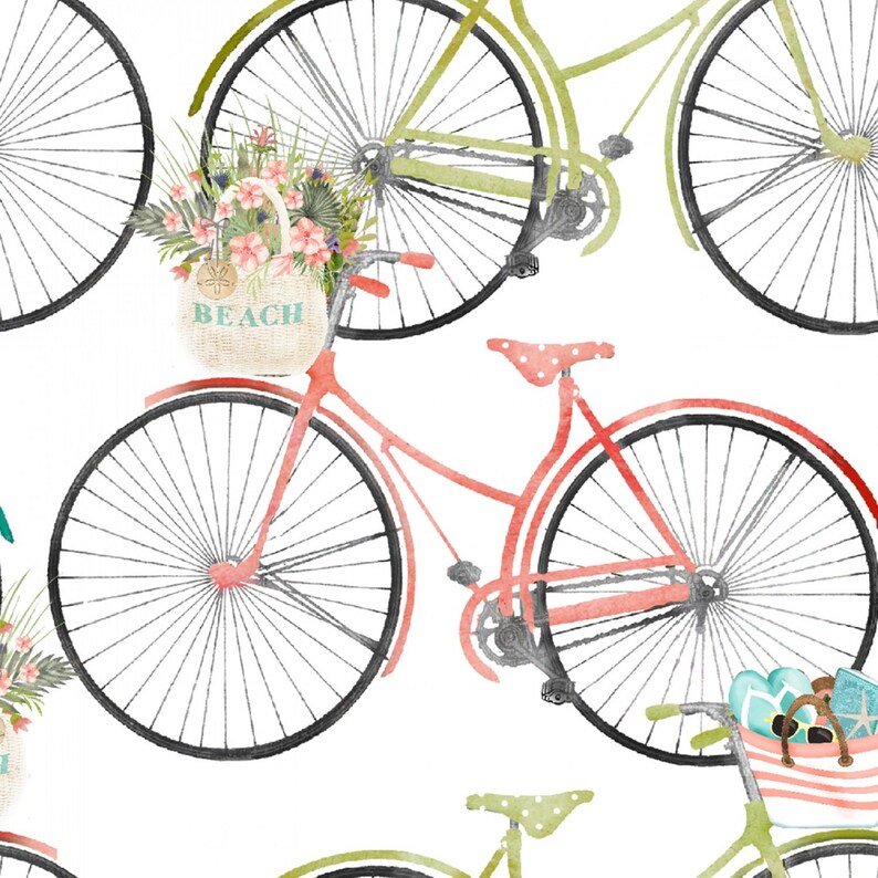 Beach Travel White Bicycles By Beth Albert 3 Wishes Fabric