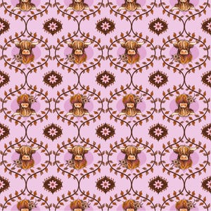 May include: A repeating pattern featuring watercolor illustrations of Highland cows with floral accents. The cows are set against a light pink background with a repeating floral and leaf design in shades of brown and pink.