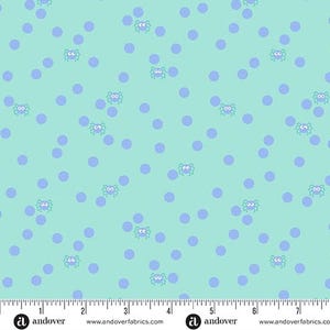 May include: A fabric pattern featuring a light teal background with scattered large, light purple polka dots. Small, cartoon-style spiders with blue bodies and white eyes are interspersed throughout the design. The fabric has a ruler along the bottom.