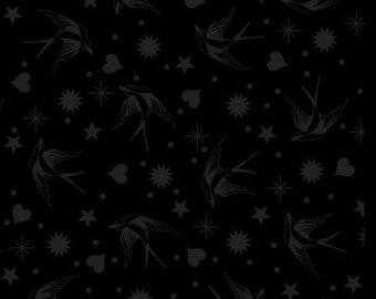 May include: A black fabric pattern featuring a repeating design of dark grey swallows, hearts, five-pointed stars, and multi-pointed starbursts. The elements are arranged in a scattered, non-linear layout across the solid black background.
