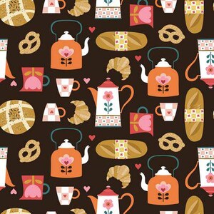 May include: A repeating pattern featuring orange teapots, mugs, croissants, bread, pretzels, and floral tote bags on a dark brown background. The design includes hearts and floral motifs, creating a charming, whimsical aesthetic.