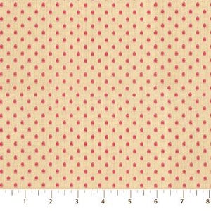 Może przedstawiać: Beżowa tkanina z powtarzającym się wzorem małych, równomiernie rozmieszczonych czerwonych kropek. Linijka na dole pokazuje wymiary w calach, przeliczone na centymetry.