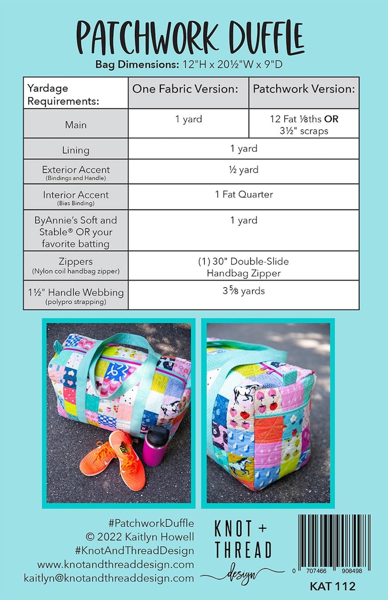 May include: A patchwork duffle bag sewing pattern with instructions for making a 12-inch tall, 20 1/2-inch wide, and 9-inch deep bag. The pattern includes yardage requirements for both one fabric and patchwork versions. The pattern is by Knot + Thread Design.