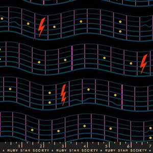 May include: Black and white wavy lines with a grid pattern and red lightning bolts. The pattern is repeated throughout the fabric. The fabric has a ruler with the numbers 1 through 7 printed on it. The text "RUBY STAR SOCIETY" is printed on the ruler.