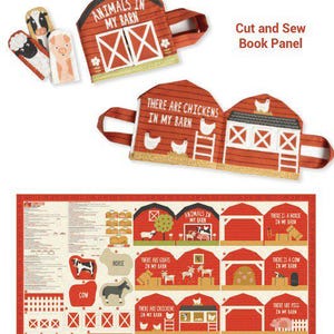 Könnte beinhalten: Ein Stoff-Zuschneide- und Nähbuch-Panel mit dem Titel Farmstead von Stacy Iest Hsu. Das Panel zeigt rote Scheunenmotive, Tier-Fingerpuppen und Text, darunter Animals in My Barn und There Are Chickens in My Barn. Die Panelgröße beträgt 91,44 cm x 152,4 cm.