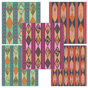 May include: A collection of five patterned fabric swatches. Each swatch features a vertical design with alternating stripes and diamond shapes. Colors include green, orange, pink, blue, and brown, creating a vibrant and detailed textile pattern.