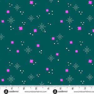 May include: Teal fabric with a repeating pattern of white starbursts, small white dots, and bright pink star shapes. The fabric has a ruler along the bottom edge with the Andover Fabrics logo and website.