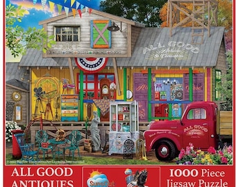 May include: A 1000 piece jigsaw puzzle featuring a red truck parked in front of a brightly colored antique shop called "All Good Antiques & Collectibles". The shop has a variety of items for sale, including furniture, clocks, and other vintage items. The puzzle is made by SunsOut and is 23 inches by 28 inches.