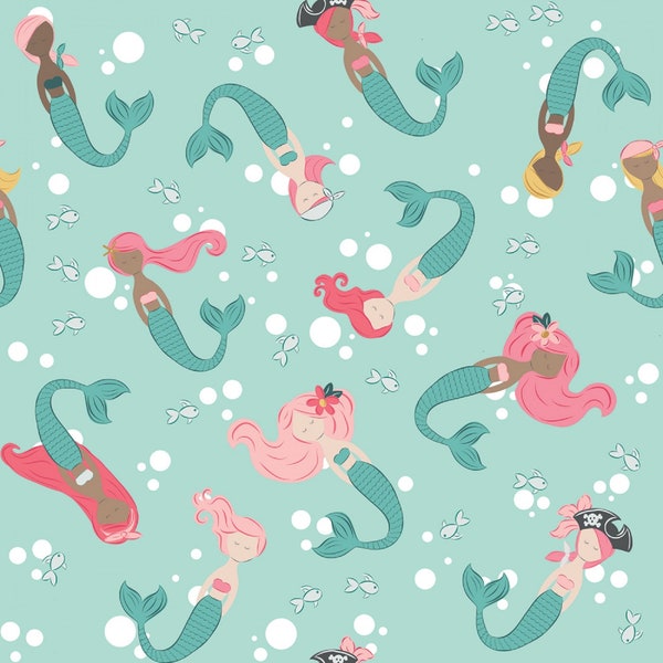 Ahoy! Mermaids- Main Seafoam: Sold By The 1/2 Yard- Cut Continuously