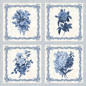 May include: A blue and white floral pattern fabric with four squares containing different floral designs. Each square has a decorative blue frame.