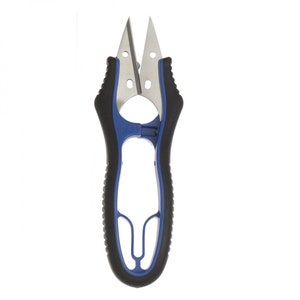 May include: A pair of blue and black fabric scissors with a small hole in the center of the handle.