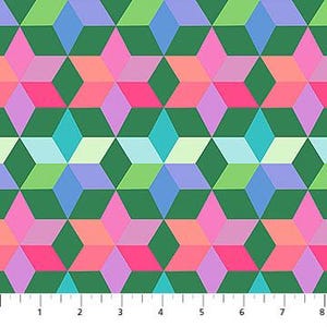 May include: Geometric fabric with a repeating pattern of 3D cubes in shades of pink, orange, purple, blue, and green. The cubes are set against a dark green background. The ruler at the bottom shows measurements in inches.