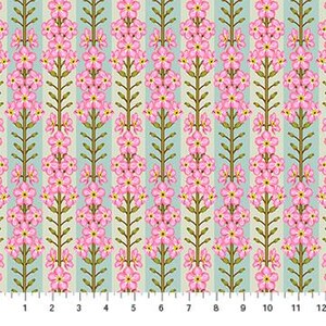 May include: Floral fabric with a repeating pattern of pink flowers on green stems, set against a backdrop of vertical light blue stripes. The fabric has a light beige background and a ruler along the bottom edge.