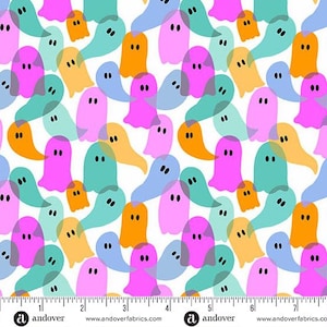 May include: A white fabric with a repeating pattern of colorful cartoon ghosts in shades of pink, orange, blue, and teal. The ghosts have black dot eyes and are overlapping. The fabric has a ruler along the bottom with the Andover Fabrics logo.