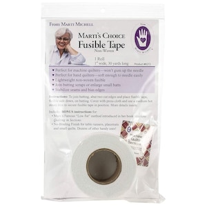 May include: A roll of Marti's Choice Fusible Tape in a clear plastic package. The label states it is non-woven, 1 inch wide, and 30 yards long. The packaging includes text instructions and a small image of a person with glasses.
